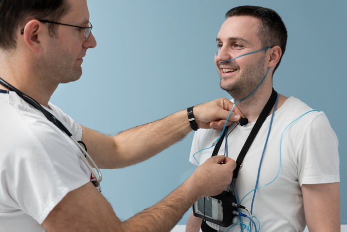 Doctor adjusting a sleep monitor on a patient with a blue background